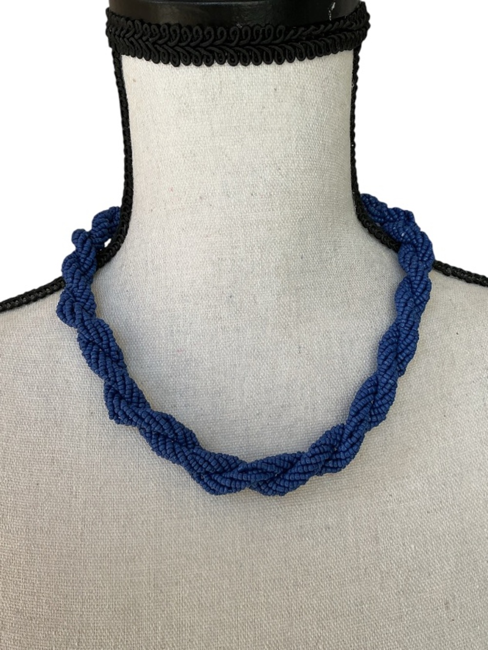 Silver tone Navy Blue beaded Braided Rope 16” Necklace